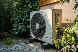 ai gerado ar fonte calor bomba instalado dentro residencial prédio. foto