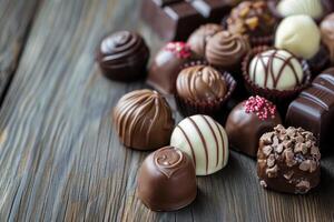 ai gerado escuro, leite e branco chocolate doces, bombons, trufas em de madeira mesa foto