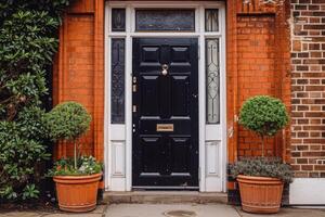 ai gerado Preto frente Entrada porta com floral decoração foto