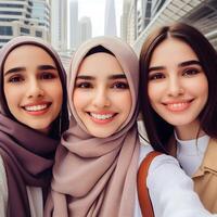 ai gerado sorridente muçulmano mulheres levar uma selfie contra uma cidade pano de fundo para social meios de comunicação ou moda blogs. foto