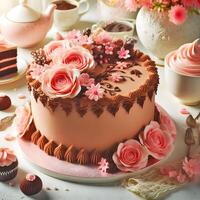 ai gerado chocolate bolo com creme de manteiga e Rosa gelo flores exibido em mesa foto