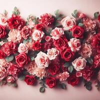 ai gerado uma adorável sortimento do vermelho e Rosa flores em uma Rosa pano de fundo foto