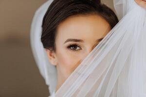 a noiva dentro uma seda terno poses dentro dela sala, cobertura ela mesma com uma véu. manhã do a noiva. preparação. Casamento fotografia foto