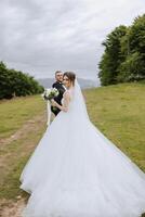 uma lindo jovem noiva, dentro uma verão parque, anda em adiante do dela noivo. lindo Casamento branco vestir. anda em dentro a parque. uma feliz e amoroso casal. foto