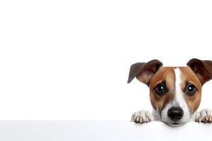 ai gerado jack russell terrier cachorro espreitar a partir de atrás a mesa. isolado em branco fundo. foto