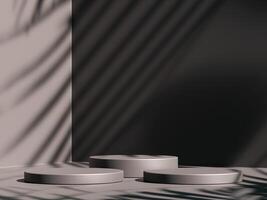3d exibição pódio com Sombrio cinzento fundo. 3d Renderização do realista apresentação para produtos anúncio. 3d mínimo ilustração foto