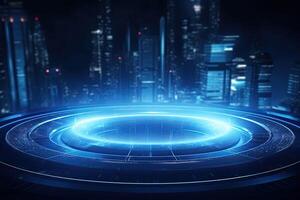 ai gerado futurista azul néon luz círculo em digital tecnologia fundo foto