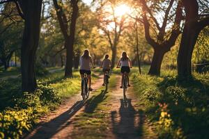 ai gerado ensolarado verde parque bicicleta passeio trio foto