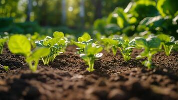 ai gerado sustentável crescimento, brotando plantas dentro iluminado pelo sol solo foto