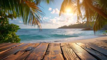 ai gerado tropical de praia pôr do sol a partir de de madeira área coberta foto