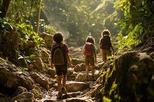 ai gerado crianças aventura, iluminado pelo sol floresta trilha caminhar foto