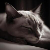 ai gerado Castanho gato dormindo em uma branco couro sofá. uma gato dormindo em uma cama com Está olhos fechadas foto