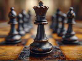ai gerado fechar acima do xadrez borda com peças - estratégia jogo, inteligência, xeque-mate, rei, rainha foto