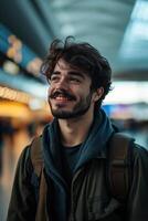 ai gerado jovem homem às a aeroporto foto