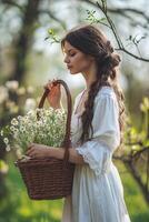 ai gerado uma lindo jovem morena mulher dentro uma branco vestir detém uma cesta do flores foto