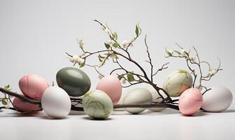 ai gerado colorida Páscoa ovos com galhos em uma branco fundo. criada de artificial inteligência. foto