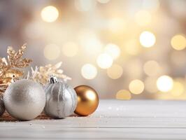 ai gerado Natal prata e ouro bolas com dourado árvore galhos em a mesa. ai generativo foto