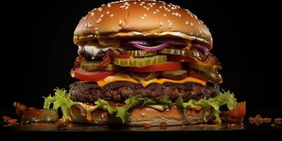 ai gerado delicioso grande hamburguer com carne carne rissóis, queijo, e verdes. ai generativo foto