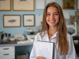 ai gerado uma sorridente médico dentro clínica, orgulhosamente exibindo certificado, profissional, convidativo atmosfera foto