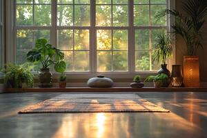 ai gerado uma brilhante e sereno interior meditação espaço apresentando uma ampla janela com verde plantas e confortável chão almofadas. foto