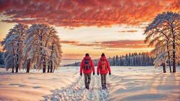 ai gerado uma casal dentro vermelho jaquetas anda em dentro a neve, segurando mãos. elas estão dentro frente do uma árvore e uma pôr do sol. foto