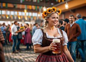 ai gerado uma mulher a comemorar oktoberfest, conjunto contra uma festa fundo para realçar a Ação. ela é vestindo uma tradicional dirndl. captura a alegria e energia do a festival. foto