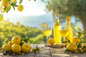 ai gerado dois garrafas e dois óculos preenchidas com uma amarelo limoncello ou limão licor , colocada em uma de madeira mesa. cercado de de várias limões e vegetação foto