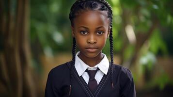 ai gerado feliz fofa africano americano inteligente menina com uma encaracolado afro Penteado. neural rede ai gerado foto