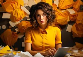 ai gerado a escritório trabalhador dentro amarelo camisas. uma mulher sentado dentro frente do uma computador portátil computador foto