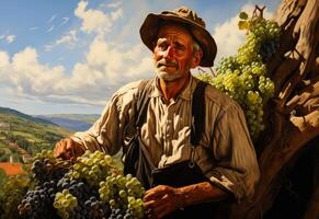 ai gerado uma homem colheita uvas dentro a Vinhedo. uma pintura do uma homem segurando uma grupo do uvas foto