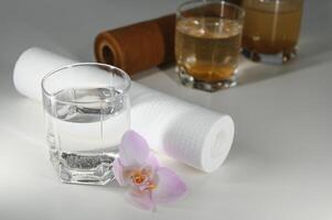 filtro sistema para água tratamento com óculos do limpar \ limpo e sujo água em brilhante fundo foto