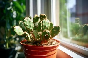 ai gerado cacto dentro a Panela em a peitoril da janela. . planta de casa. luz solar a partir de a janela. foto