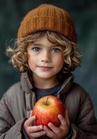 ai gerado jovem Garoto segurando maçã dentro mãos. uma jovem Garoto detém a maçã dentro dele mãos, com uma Veja do curiosidade e deleite em dele face. foto