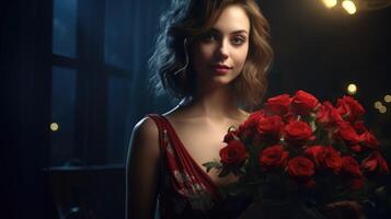 bonita jovem menina detém uma lindo ramalhete do vermelho rosas. grupo do flores ai gerado foto