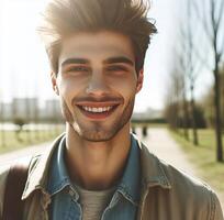 imagem do a europeu jovem homem, caminhando fora, sorridente. pessoas foto
