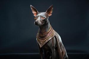 ai gerado xoloitzcuintli nu mexicano cachorro em uma Preto fundo. ai arte foto