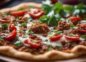 ai gerado lahmacun coberto com picado carne, tomates, e fresco salsinha foto