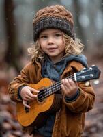 ai gerado a Garoto é jogando uma ukulee. a adorável pequeno menina alegremente tocam a guitarra, cercado de a sereno beleza do a madeiras. foto