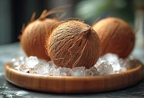 ai gerado coco em uma de madeira bandeja. uma foto do três cocos colocada em uma prato com gelo cubos, em repouso em uma mesa.