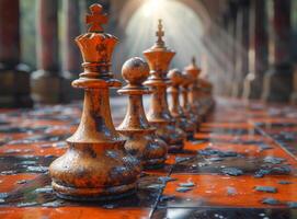 ai gerado imagem para xadrez cena dentro 3d. uma coleção do xadrez peças arranjado em uma mesa superfície. foto