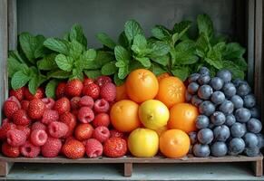 ai gerado frutas e legumes saúde benefícios. uma colorida sortimento do fresco fruta arranjado ordenadamente em uma de madeira prateleira, pronto para estar vendido às uma movimentado local mercado. foto