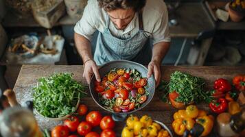 ai gerado homem é preparando fresco vegetal salada com tomates, brócolis, cebolas e frutas dentro uma cozinha, conceptual do família saudável, generativo, ai foto