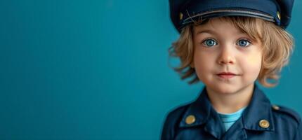 ai gerado jovem criança Garoto vestido dentro uma polícia uniforme gostar a polícia isolado em azul bandeira fundo, conceptual do imaginação e Sonhe carreira, generativo ai foto