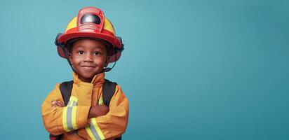 ai gerado americano africano jovem Garoto vestindo bombeiro equipamento gostar a bombeiro isolado em azul bandeira fundo, conceptual do imaginação e Sonhe carreira, generativo ai foto