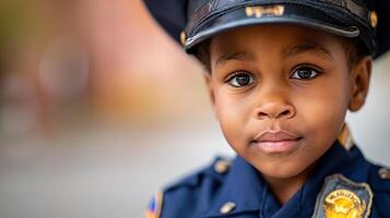 ai gerado americano africano criança Garoto vestido dentro uma polícia uniforme gostar a polícia em cidade fundo, conceptual do imaginação e Sonhe carreira, generativo ai foto