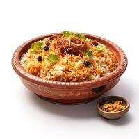 ai gerado Hyderabadi Biryani em uma argila prato em uma branco fundo, foto