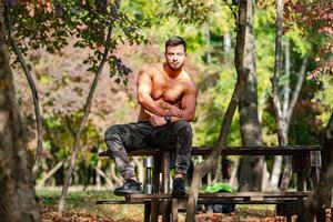 homem desfrutando a sereno atmosfera do uma parque banco. uma sem camisa homem sentado em uma Banco dentro uma parque foto