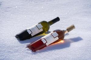 dois garrafas do vinho sentado dentro a neve foto