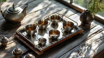 ai gerado tradicional Oriental chá conjunto em de madeira bandeja com natural pano de fundo foto