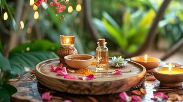 ai gerado relaxante spa ambiente com natural óleos e velas foto